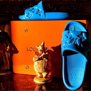 Louis Vuitton LV Waterfront Blue Monogram Embossed Mule Slides Sandals Unisex